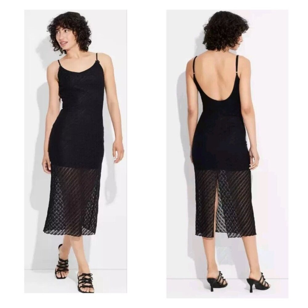 Wild Fable Black Floral Semi-Sheer Sleeveless Midi Stretch Dress W‎ Bows L NWT